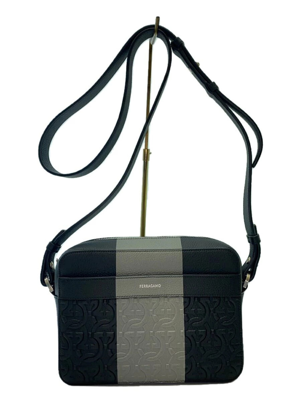 Salvatore Ferragamo TRAVEL EMBOSSED BLOCCO Gancini Shoulder Bag Leather Black